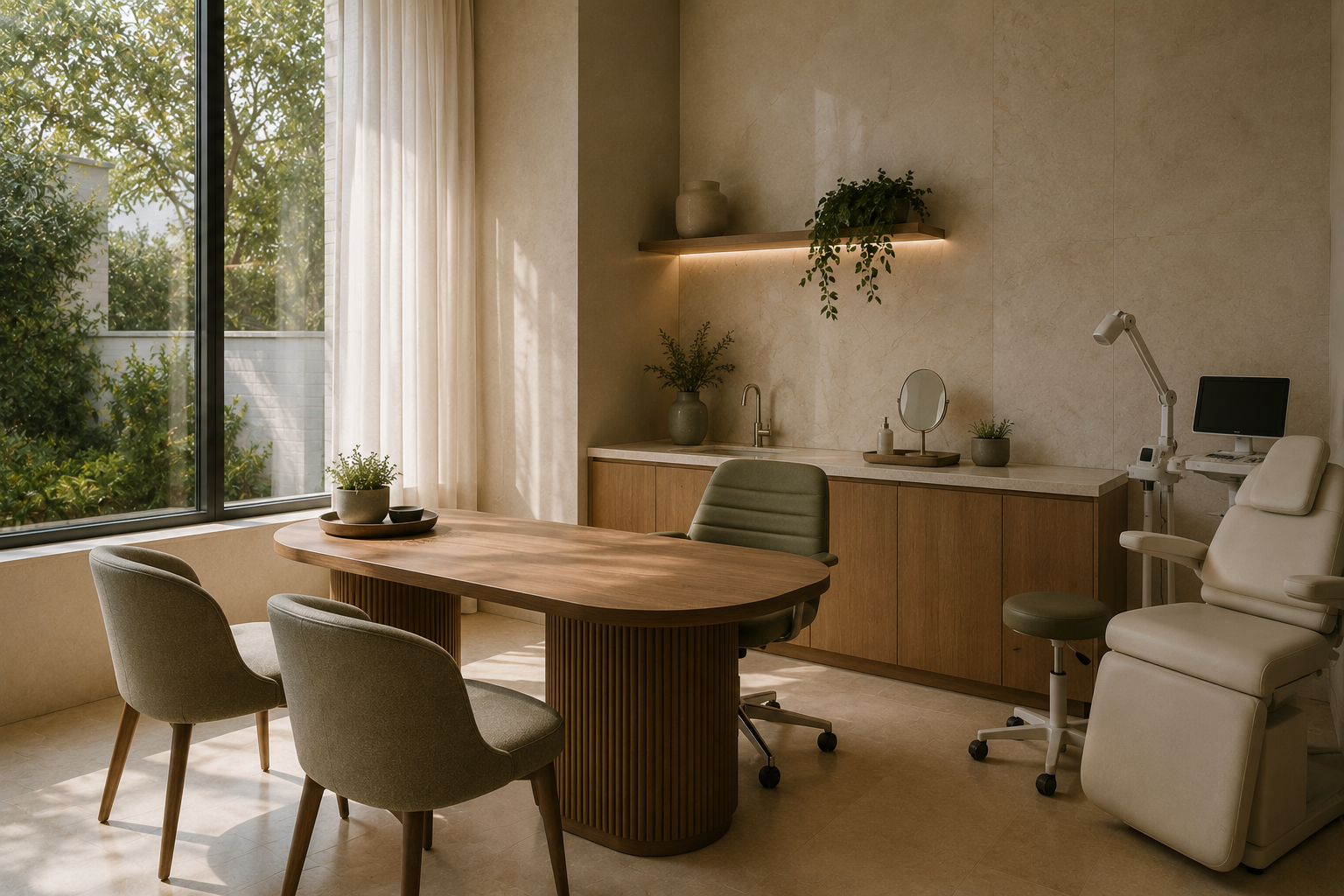 Warm contemporary consultation room with natural materials
