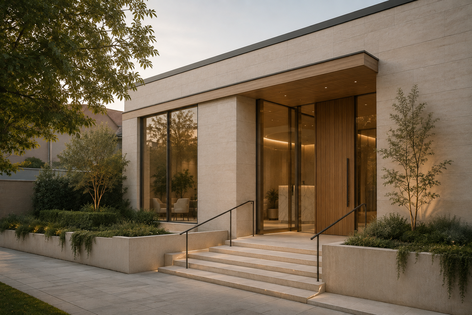 Warm contemporary private clinic interior with natural stone and timber