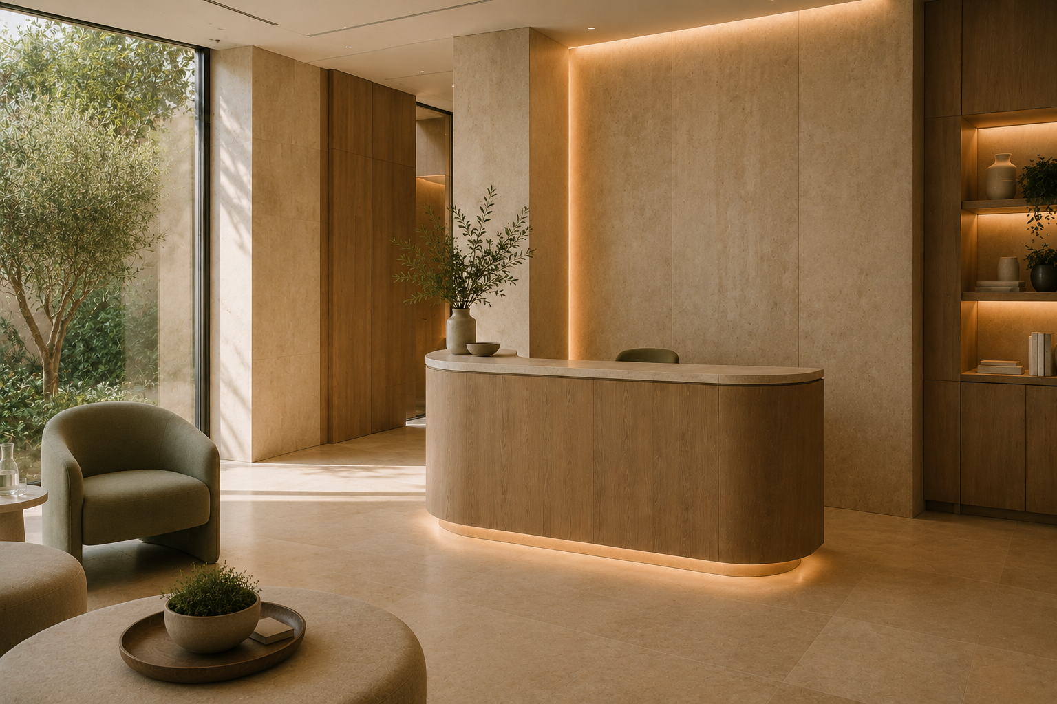 Minimal consultation room with neutral furnishings