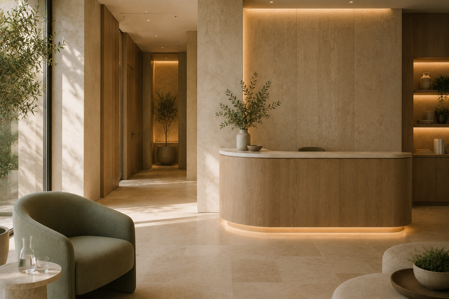 Elegant reception area with natural stone and warm wood finishes