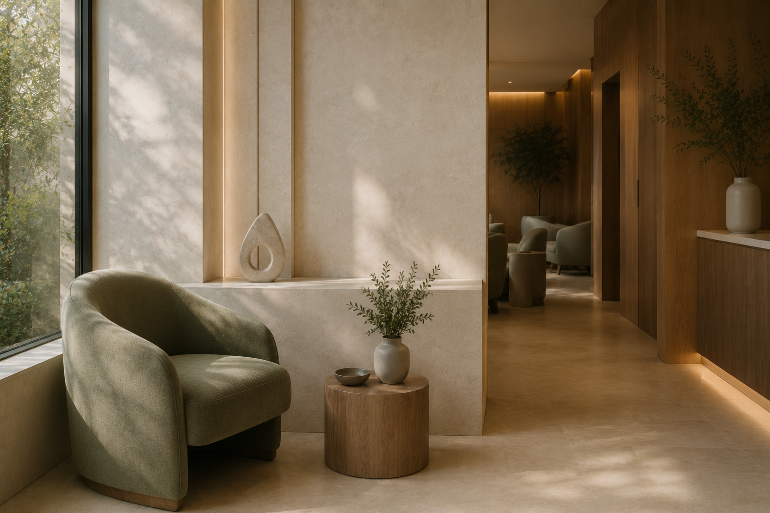 Warm minimalist private clinic interior with natural materials