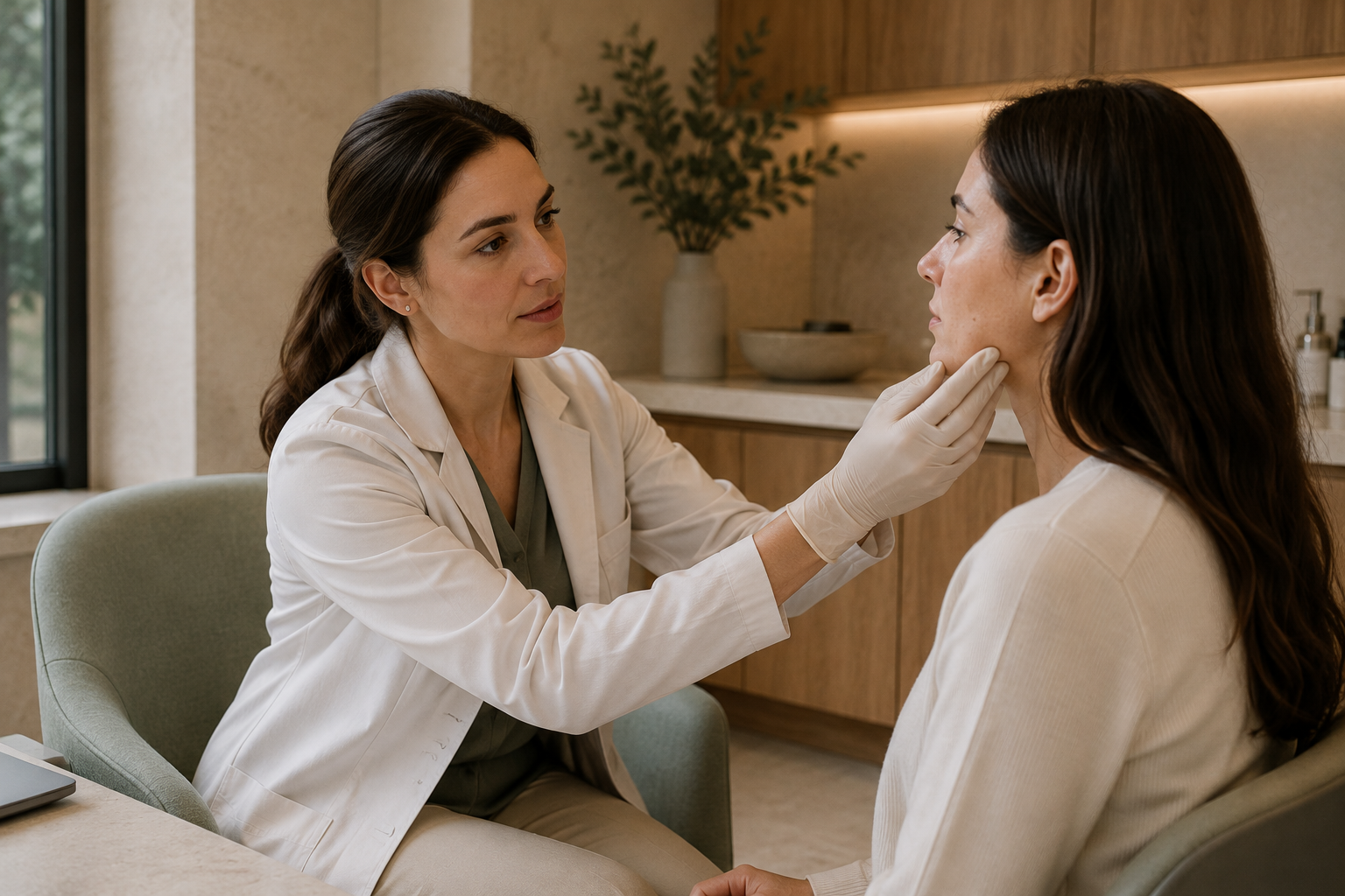 Quiet contemporary dermatology consultation room with natural materials