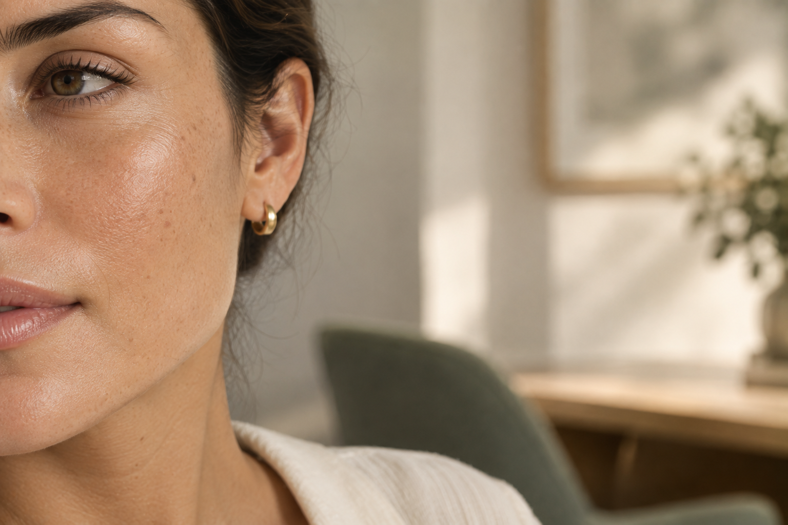Close editorial portrait showing natural healthy facial skin texture