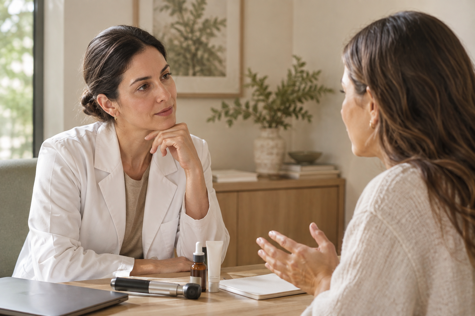 Skincare consultation materials arranged in a calm clinical environment