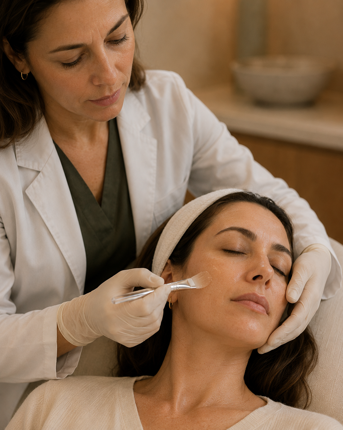 Dermatology professional preparing a considered skin treatment